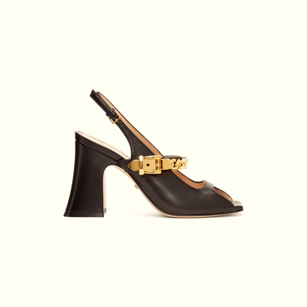 GUCCI
Black Sylvie Chain Heeled Sandals

Worn once with Box. 
Looks brand new